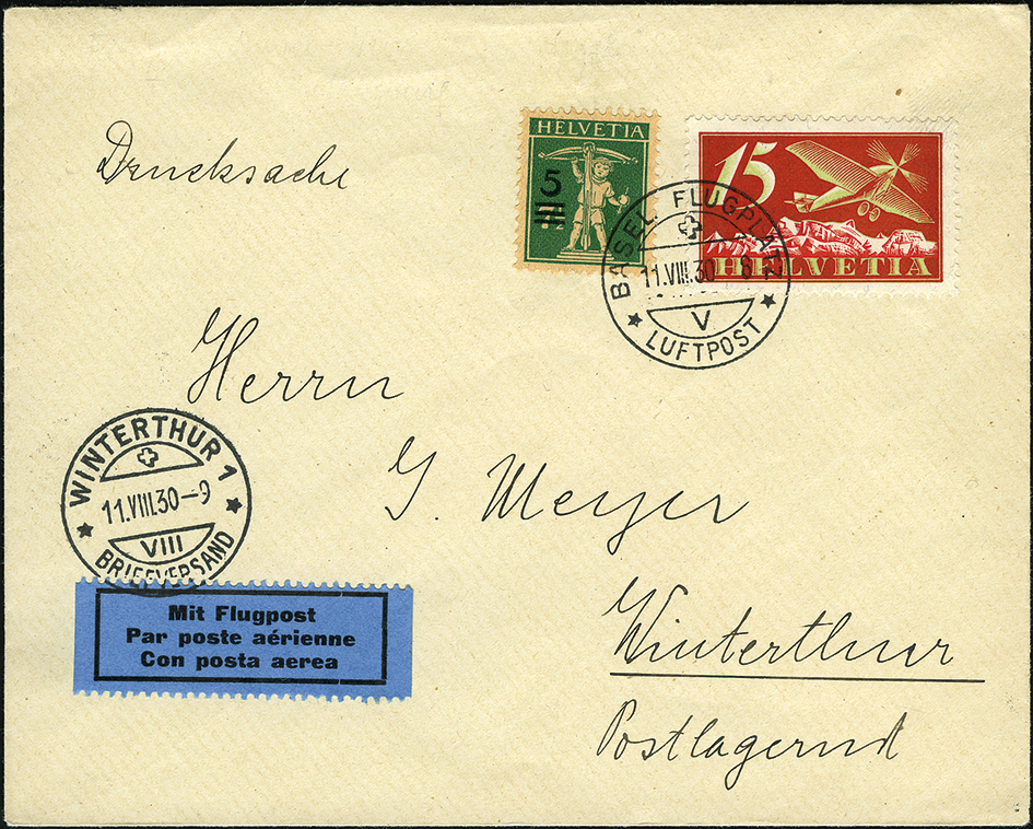 1930, 1. Abwurfversuch der PTT auf der Fluglinie Basel - St. Gallen - Zürich