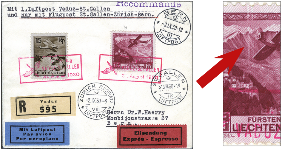 1930, Postflug Vaduz - St.Gallen, 1 Fr. Flugzeug, "Senkrechte weisse Wischstriche"