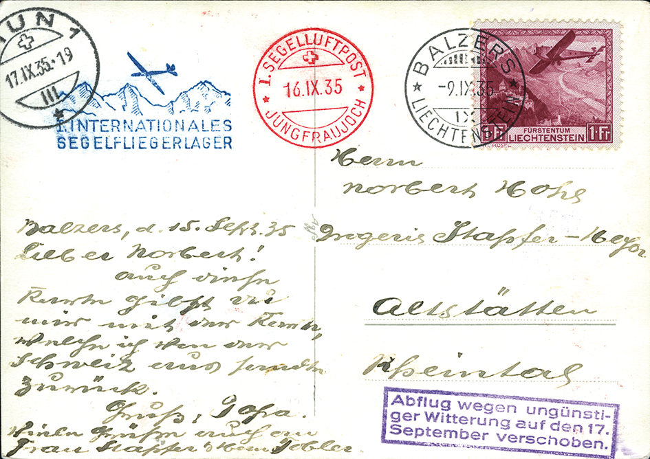 1935, 1. Segelflugpost Jungfraujoch ab Liechtenstein