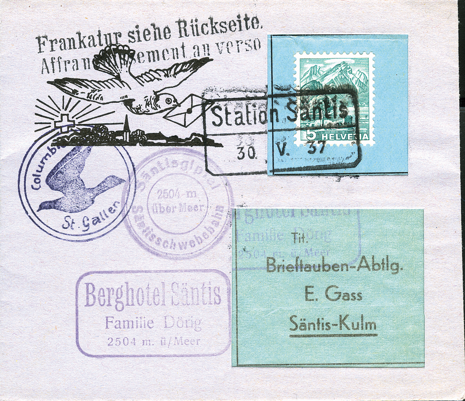 1937, Brieftaubenpost Säntisgipfel - St. Gallen
