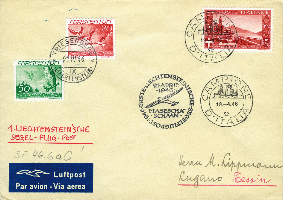 1946, 1. Liechtensteinische Segelflugpost Masescha - Schaan