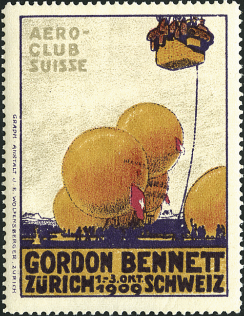 1909, Gordon-Bennet-Wettfliegen Zürich, OK-Vignette coloriert