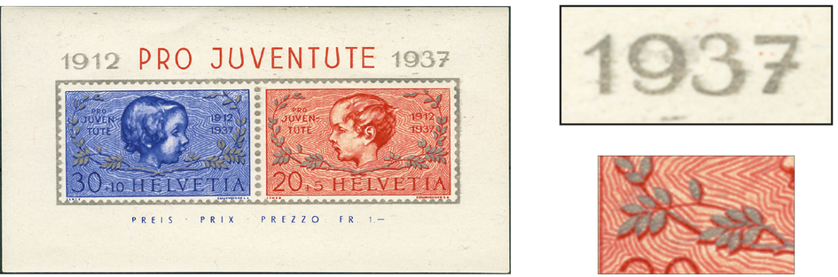1937, 25 Jahre Pro-Juventute-Marken, &quot;Silberdruck oben verschoben und nach rechts verwischt&quot;