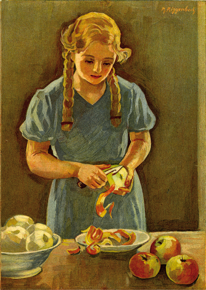1934, 10 Rp. Mädchen schält Apfel