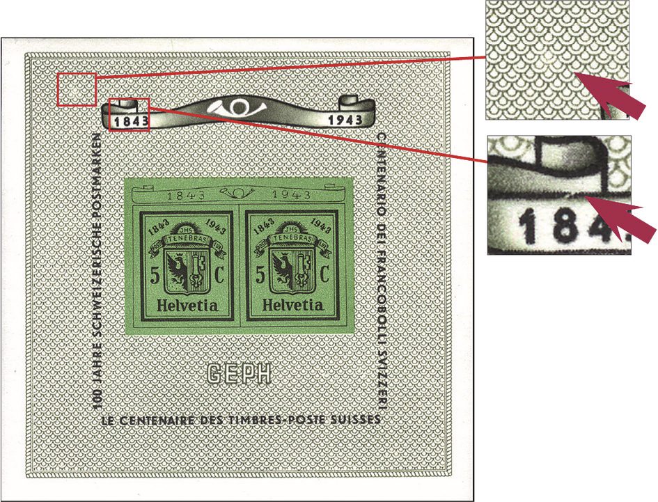 1943, Nationale Briefmarkenausstellung in Genf (GEPH), "Heller Fleck in der linken oberen Ecke" und "Gebrochene Linie über 1843"