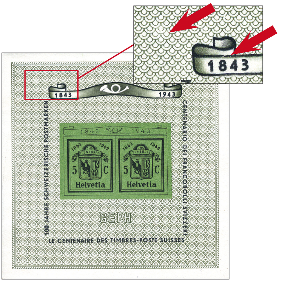 1943, Nationale Briefmarkenausstellung in Genf (GEPH), "Heller Fleck in der linken oberen Ecke" und "Gebrochene Linie über 8 von 1843"