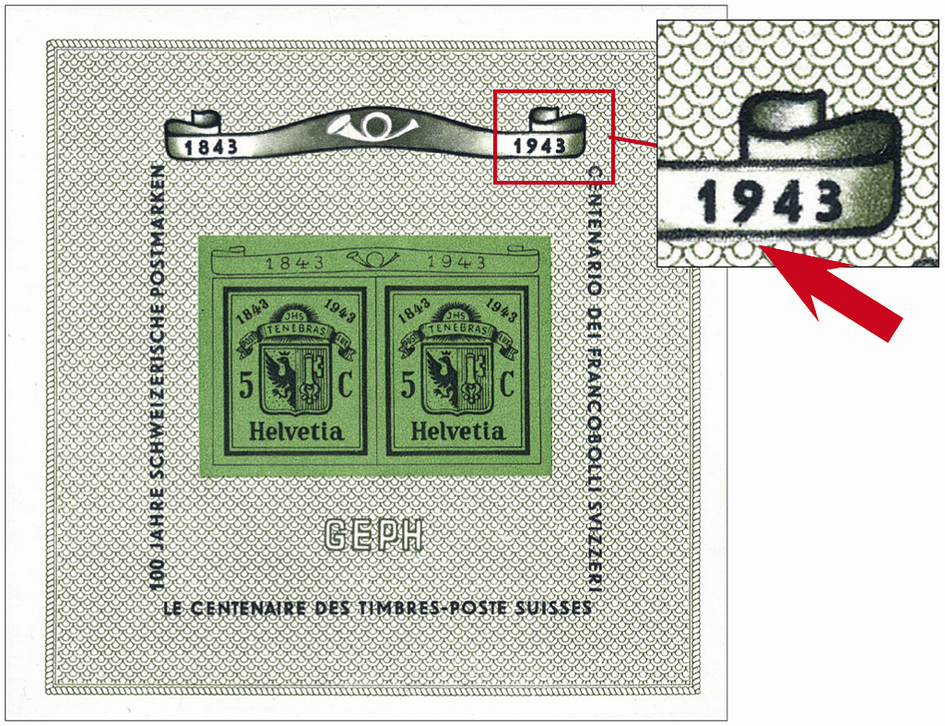 1943, Nationale Briefmarkenausstellung in Genf (GEPH), "Unterhalb 1943 im oberen Schriftband abgenützt oder retouchiert"