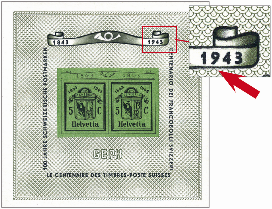1943, Nationale Briefmarkenausstellung in Genf (GEPH), &quot;Unterhalb 1943 im oberen Schriftband abgenützt oder retouchiert&quot;