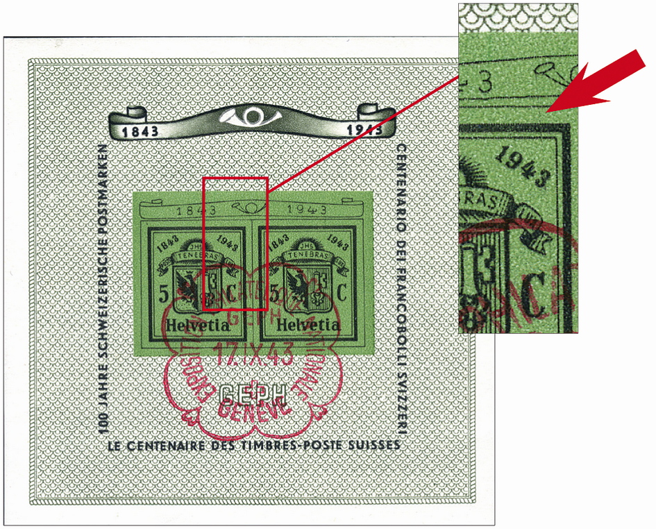 1943, Nationale Briefmarkenausstellung in Genf (GEPH), "Farbiger Strich vom Posthorn durch 3 vom 1943 bis zum Rand beim C"