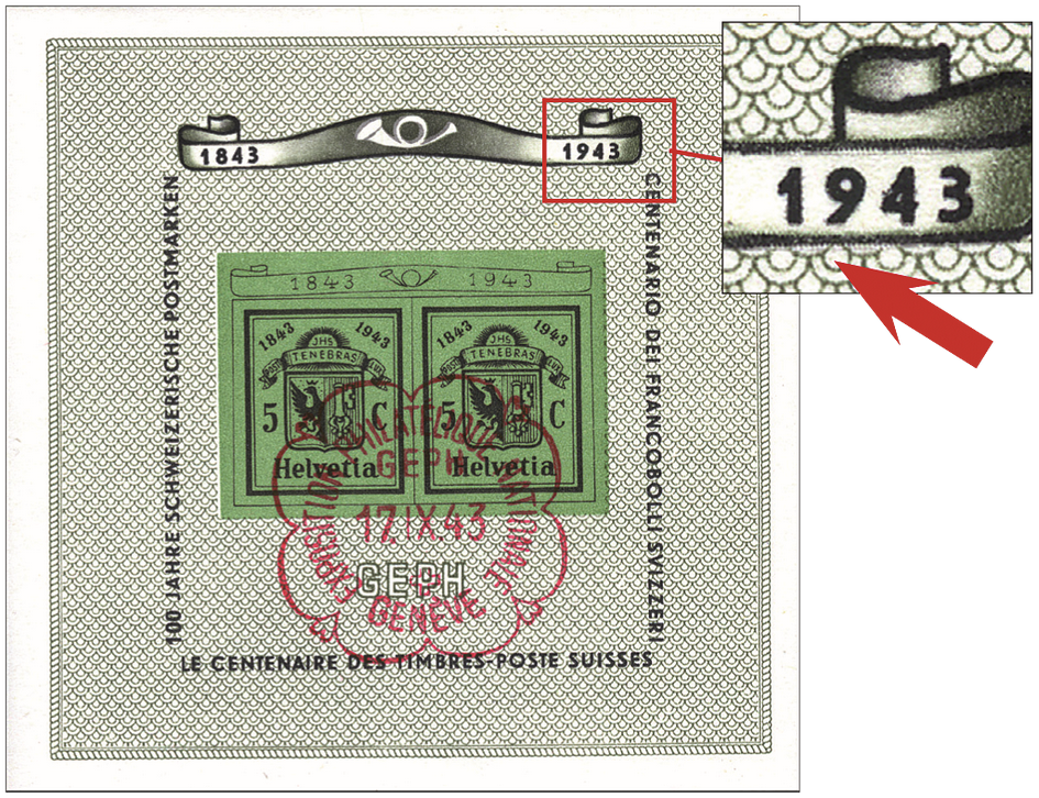 1943, Nationale Briefmarkenausstellung in Genf (GEPH), &quot;Unterhalb 1943 im oberen Schriftband abgenützt oder retouchiert&quot;