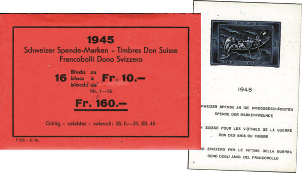1945, Schweizer Spende an die Kriegsgeschädigten, 16 postfrische Sonderblocks, bildseitig nummeriert in Original-Umschlag