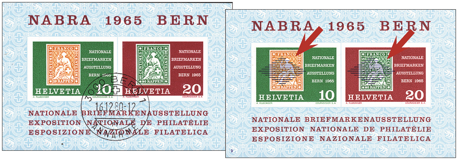 1965, Nationale Briefmarkenausstellung in Bern (NABRA), &quot;Fehlender Blaudruck - ohne Rauten&quot;