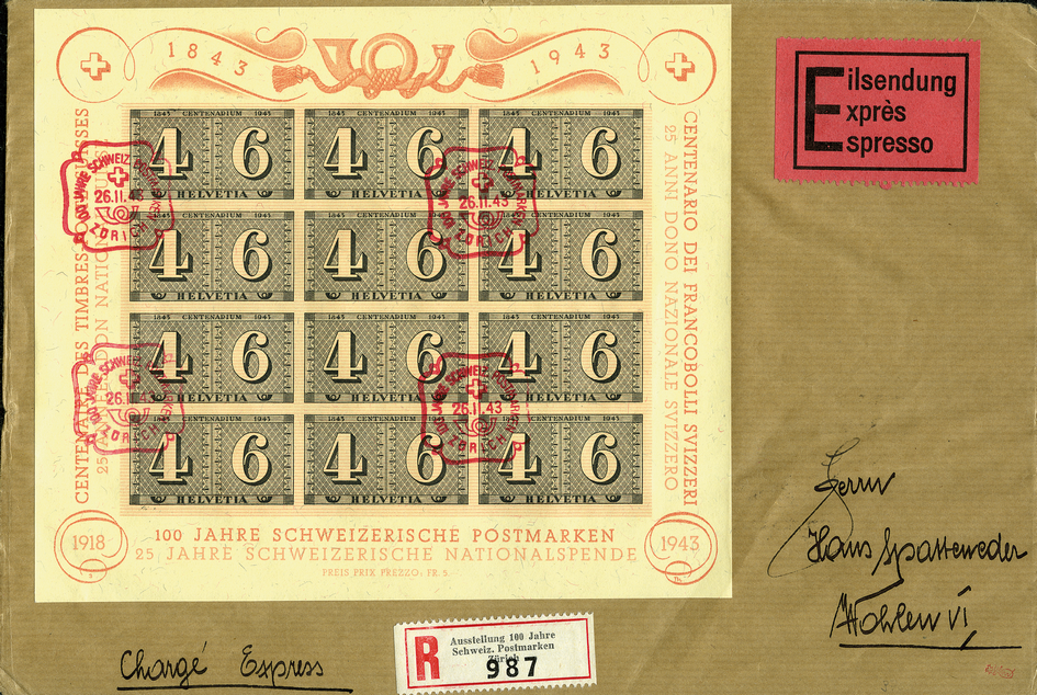 1943, Luxusblatt 100 Jahre Schweizerische Postmarken
