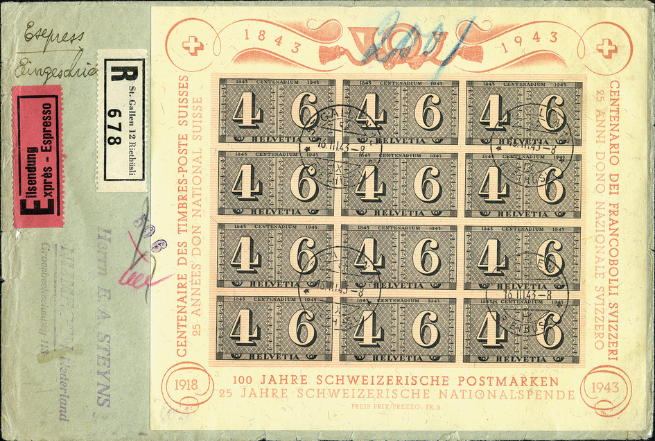 1943, Luxusblatt 100 Jahre Schweizerische Postmarken
