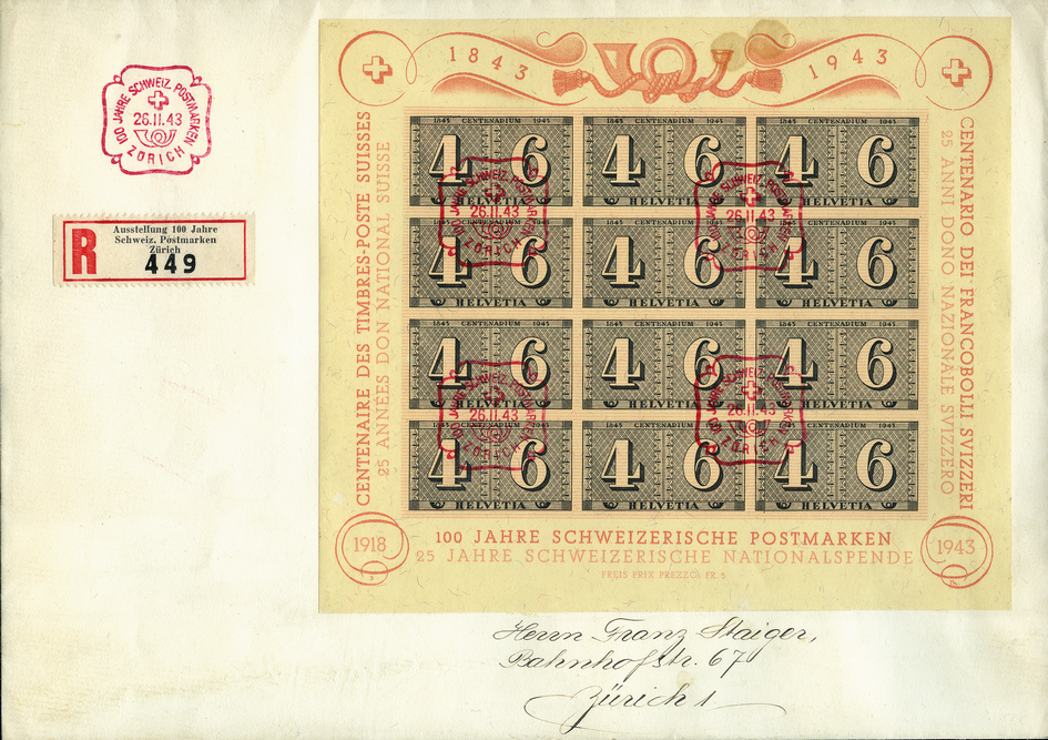 1943, Luxusblatt 100 Jahre Schweizerische Postmarken