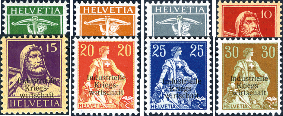 1918, Tellknabe, Tellbrustbild und Helvetia mit Schwert