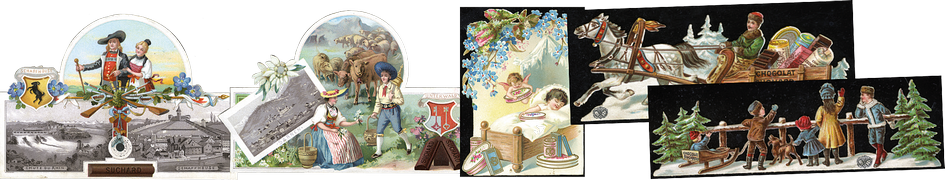 1885, Suchard-Trägerkarten, 5 verschiedene sehr seltene Stücke
