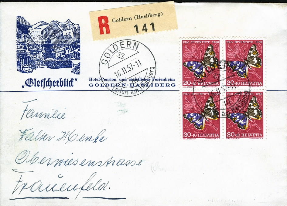 1957, GOLDERN , illustrierter Chargé-Brief nach Frauenfeld