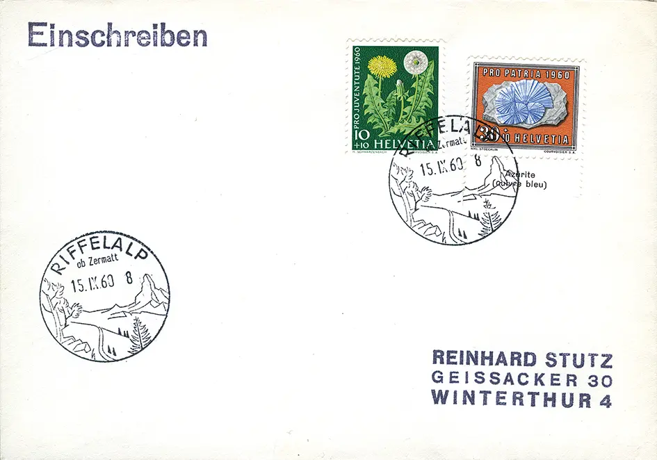 1960, RIFFELALP 15.IX., Chargé-Brief nach Winterthur