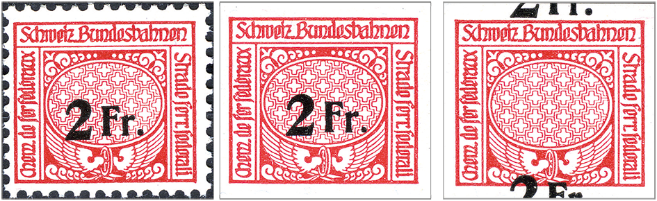 1940-1949, 2 Fr. Flügelrad, dunkelrot-schwarz, Druckprobe in Originalfarbe, "Wertziffer stark verschoben" und "Ungezähnt"