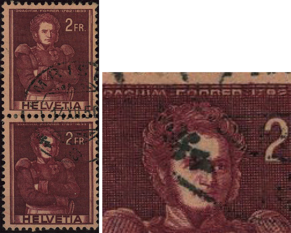 200 Rp. Oberst Joachim Forrer, "Grosse, starke Doppelprägung in der Manschette, über dem rechten Auge, in den Knöpfen und in den Kleidern - um 1-4 Millimeter nach oben verschoben"