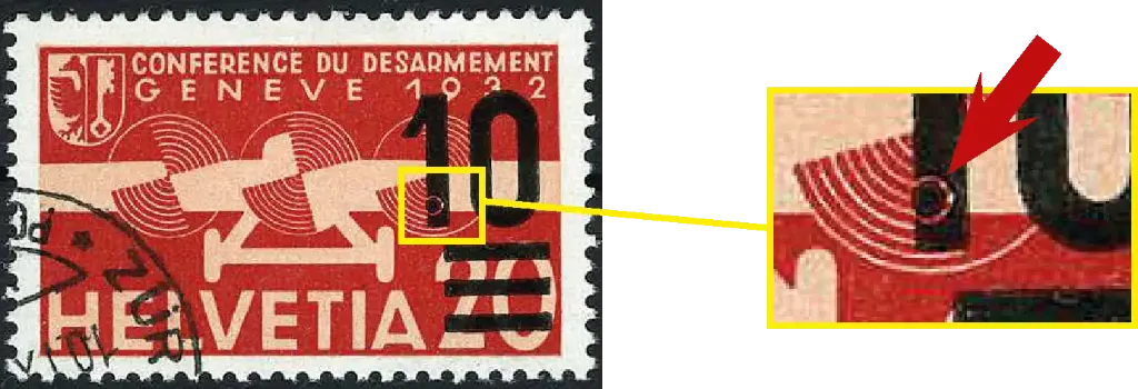 10 - 20 Rp., rot-gelbrosa, " kreisrunder Fleck im Aufdruck"