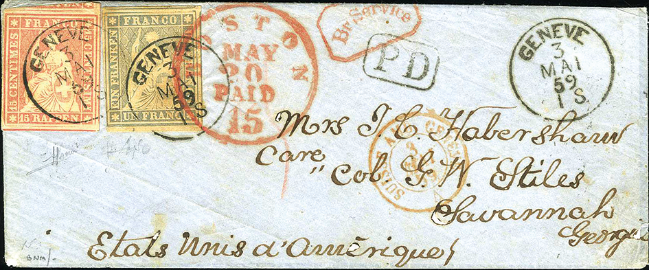 1859, Schiffspost nach USA mit Strubel 1 Fr. violettgrau, voll bis weissrandig mit Teilen von drei Nachbarmarken und Bogenrand unten und 15 Rp. rosa, allseits weissrandig mit Teilen von drei Nachbarmarken