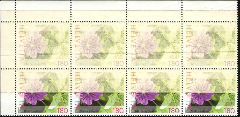 180 Rp. wilde Malve, Käslikraut, "Druck auf die Flickstelle des Papierbogens" 