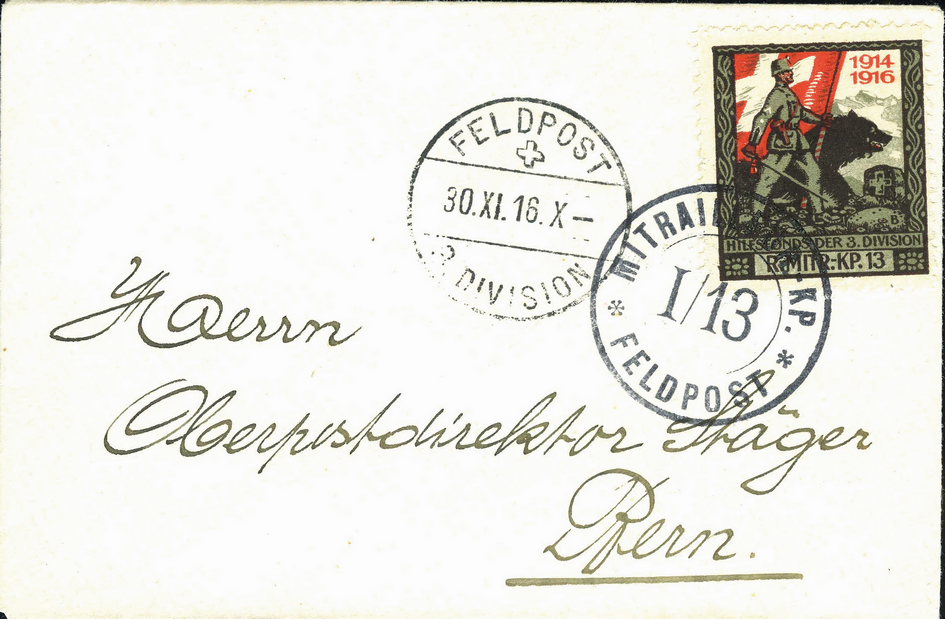 grünlichgrau-schwarzbraun-rot, 1916 Soldat mit Schweizer Fahne und Bär
