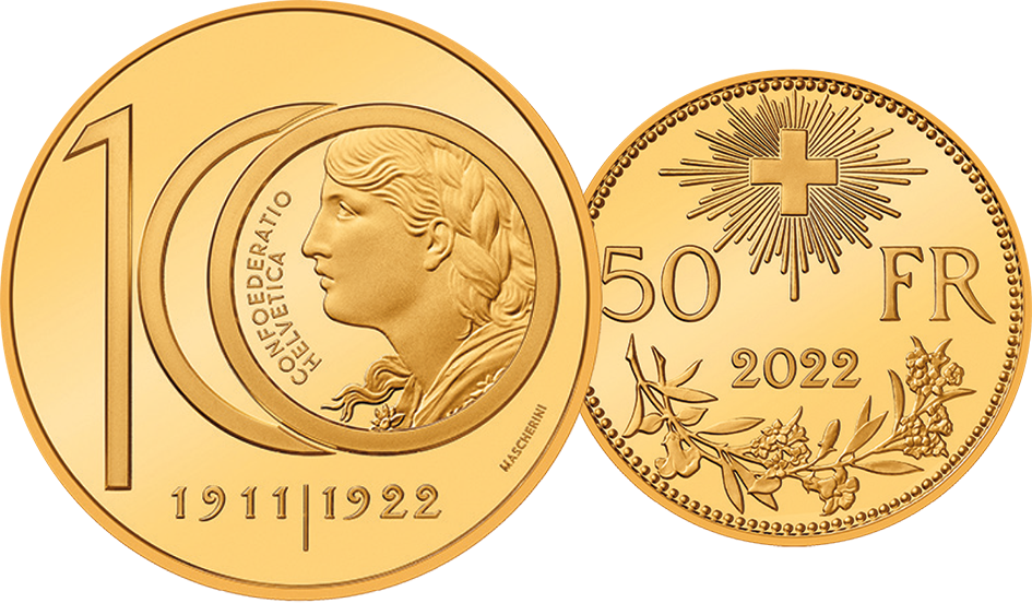 2022, 50 Fr. Gedenkmünze "100 Jahre letzte Prägung 10-Franken-Vreneli"