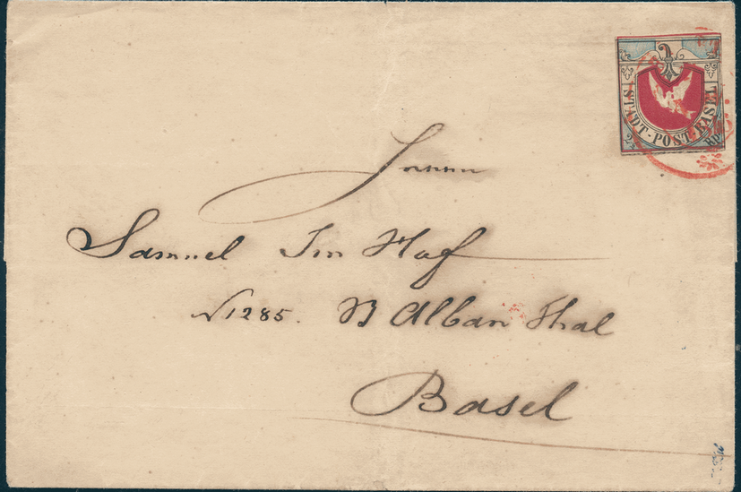 1845, Basler Taube, 2. Auflage auf vollständigem Faltbrief