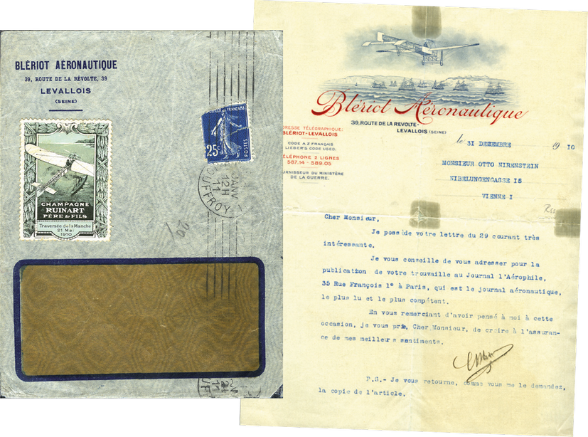 1910, Louis Blériot, Geschäftsbrief mit illustriertem Briefkopf " Monoplan über dem Ärmelkanal"