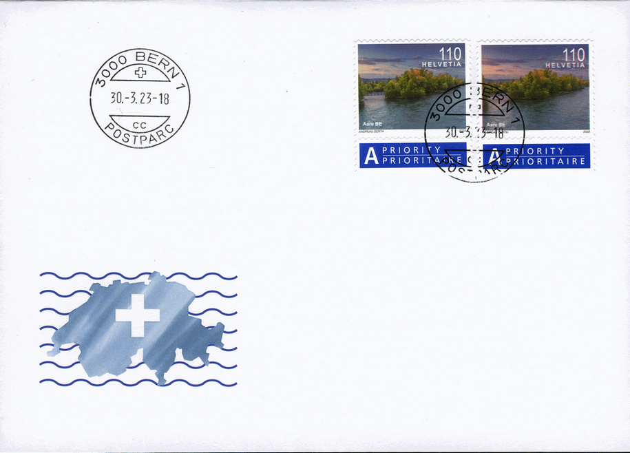 Dauerserie Flusslandschaften, 110 Rp. Aare BE, "Starke Druckverschiebung, sog. Aare im Abendrot"