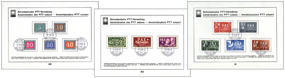 1945, PAX-Ausgabe auf PTT-Sammelblätter Nr. 80-82 komplett