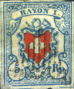 1851 Rayon I, ohne Kreuzeinfassung, 5 Rp. hellblau, 