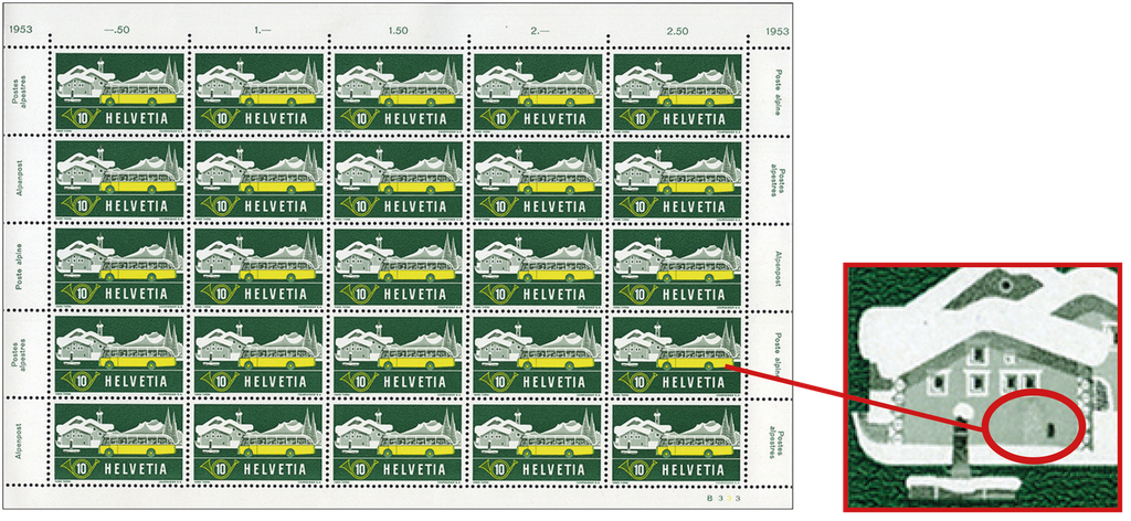 1953, 10 Rp. Alpenpost im Winter, Abart:"Hauswand retouchiert"