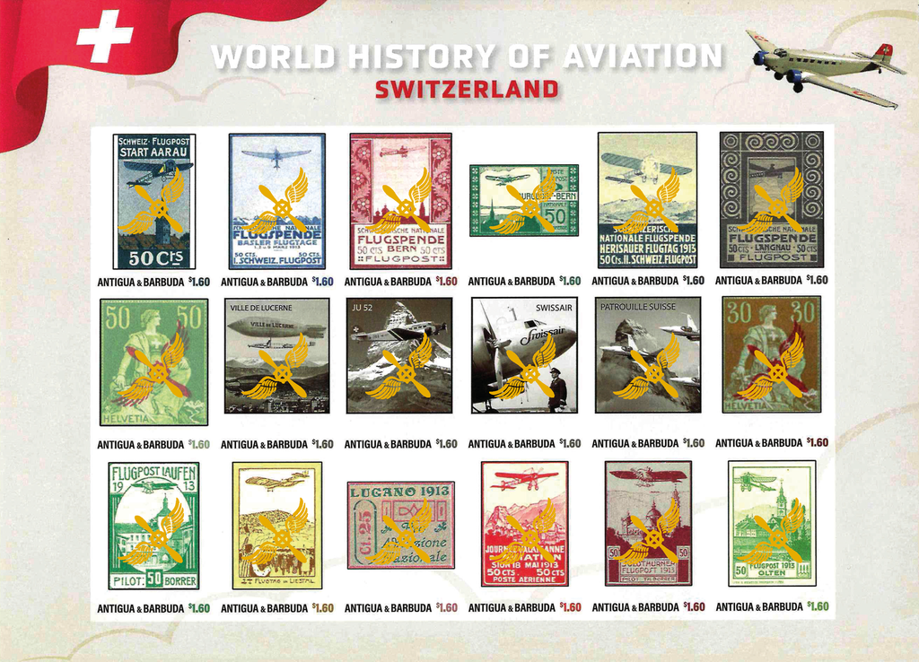 2024, WORLD HISTORY OF AVIATION, Switzerland - UNGEZÄHNT mit Goldaufdruck