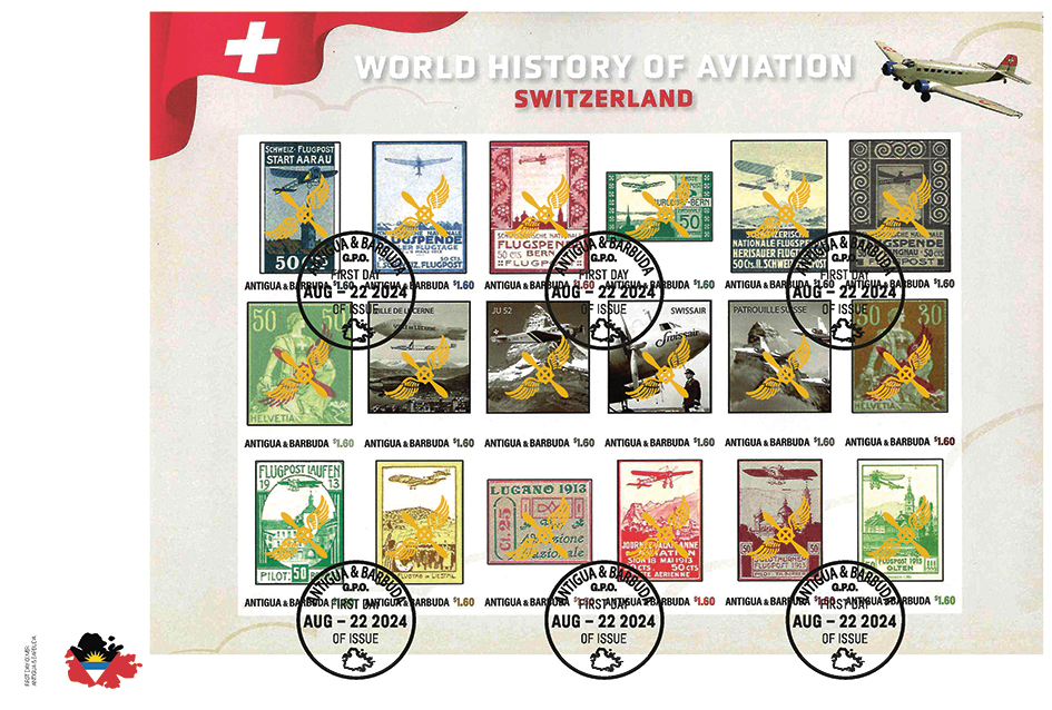 2024, WORLD HISTORY OF AVIATION, Switzerland - UNGEZÄHNT mit Goldaufdruck