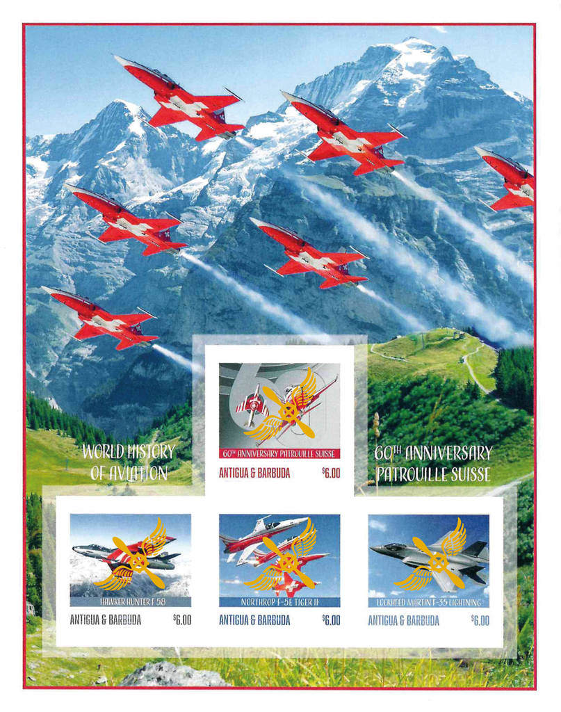 2024, 60 Jahre Patrouille Suisse, Antigua und Barbuda UNGEZÄHNT mit Goldaufdruck