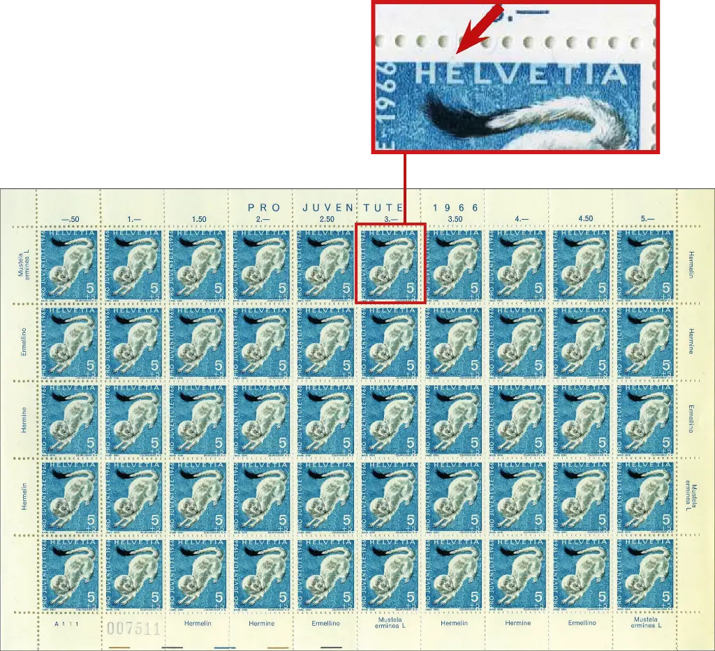 5+5 Rp. Hermelin, "Farbloser Fleck im oberen Balken des 1. E von Helvetia" Originalbogen