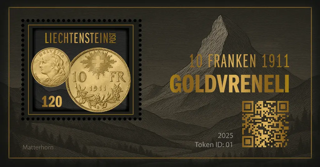2025, EXKLUSIVE Krypto-Sonderblock „10 FRANKEN GOLDVRENELI 1911“, Liechtenstein per 5