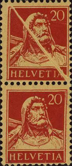 20 Rp. karminrot, "Markante, diagonale Quetschfalte " 