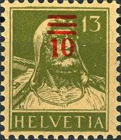 10-13 Rp. grünoliv, "Aufdruck in die Mitte des Gesichtes"   