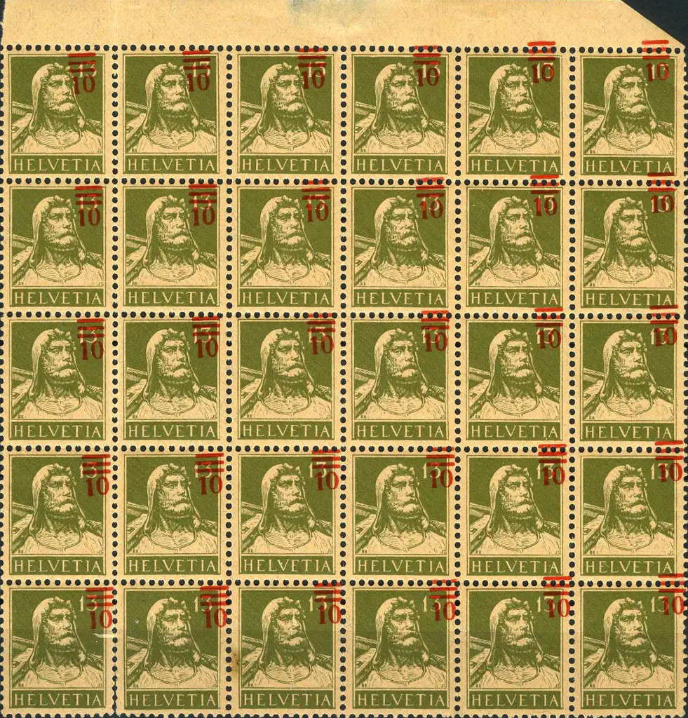 10-13 Rp. grünoliv, "Aufdruck in die obere Marke versetzt "      