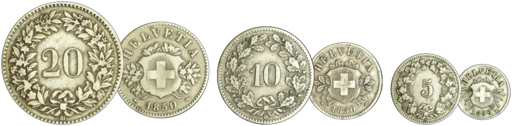 1850, Set der ersten Bundesmünzen 5 Rp., 10Rp. und 20 Rp.