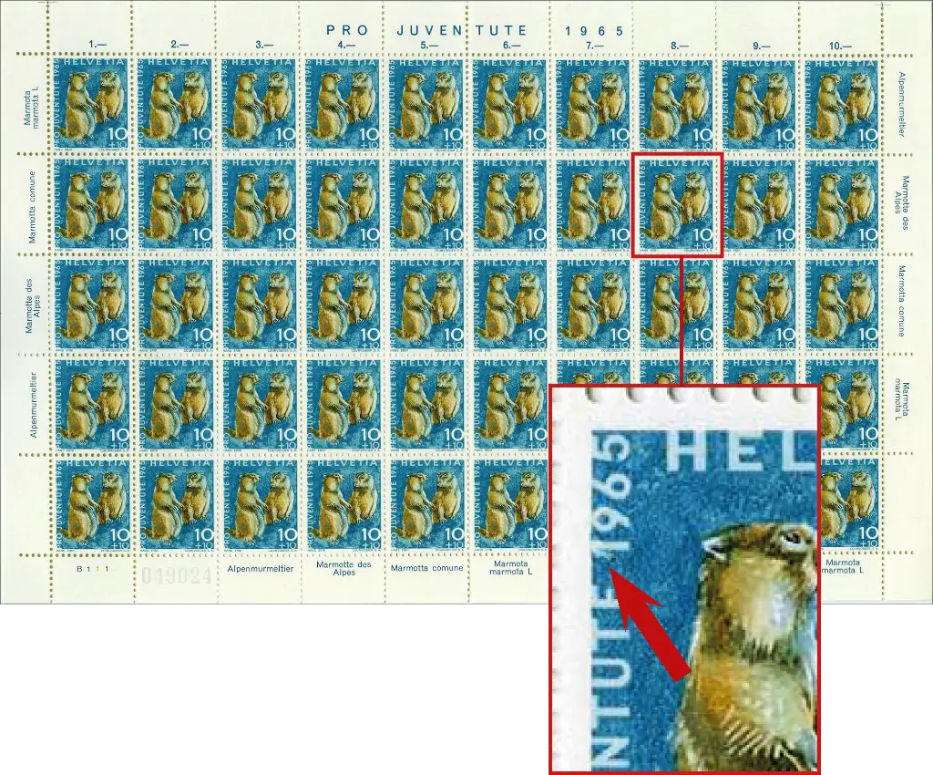 10+10 Rp. Murmeltier, "Retouche in der 1 von 1965" Originalbogen 