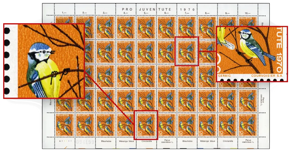 10+10 Rp. Blaumeise, "Ausbuchtung an der Haube und Meise mit Uhrenkette", Originalbogen 