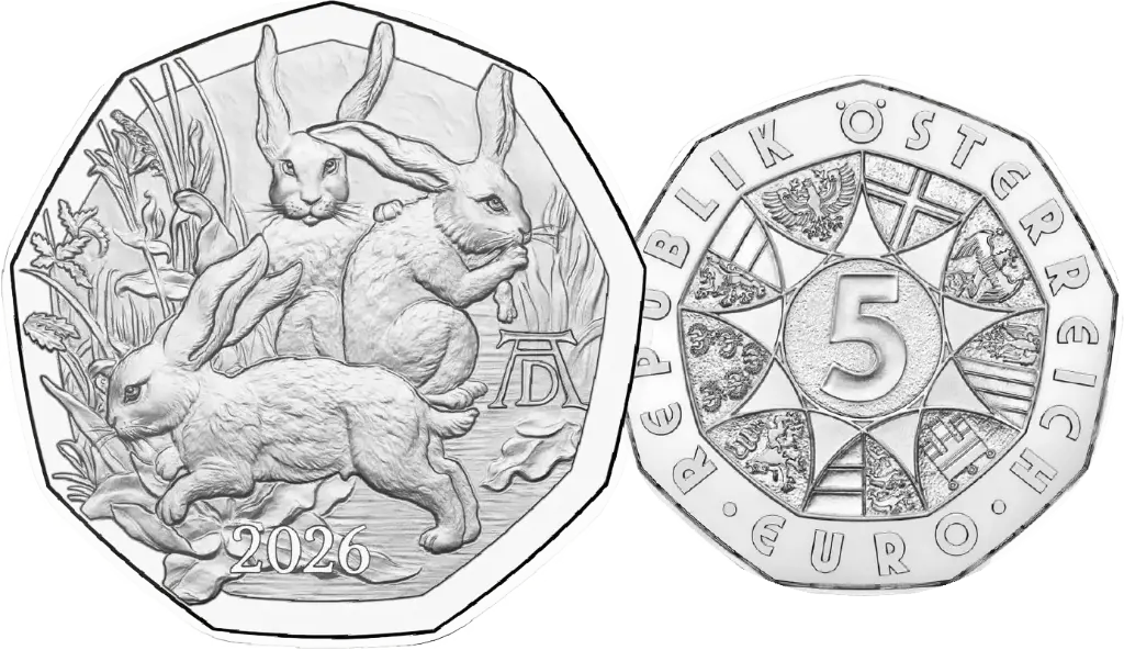 2026, 5 Euro, Dürers Hasentrio, Österreich