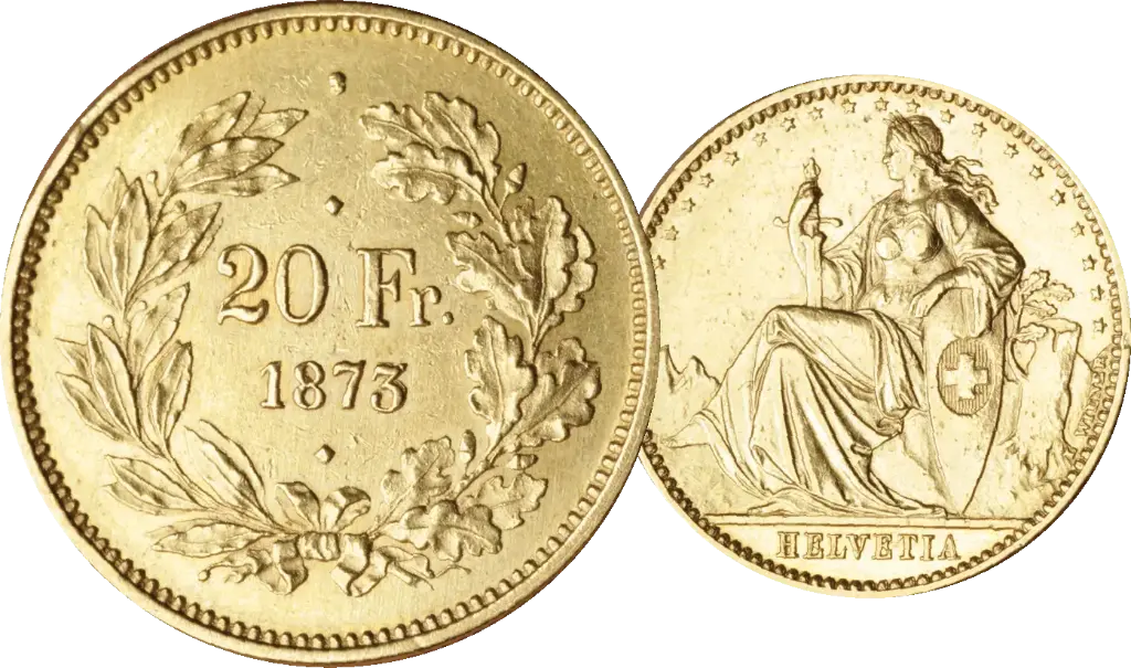 1873, 20 Franken, 3-Punkt-Probe Eidgenossenschaft