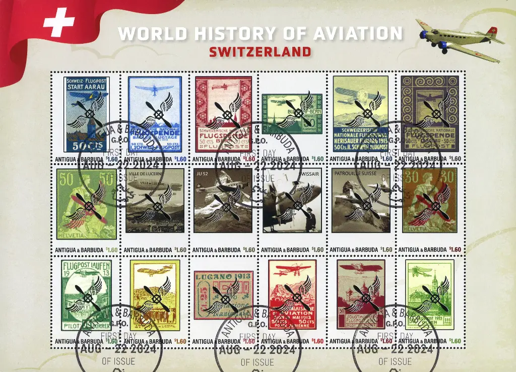 2024, WORLD HISTORY OF AVIATION, Switzerland mit Silberaufdruck